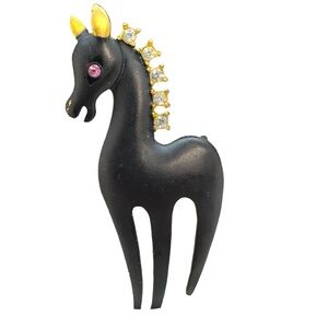 Vintage Hallmarked Mamselle Black Enamel & Rhinestone Prancing Pony Brooch